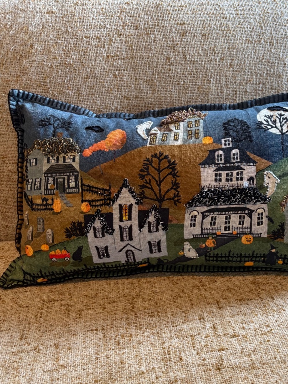 Martha Stewart Halloween Village Lumbar Pillow 14x24" NWT fall spooky decor htf
